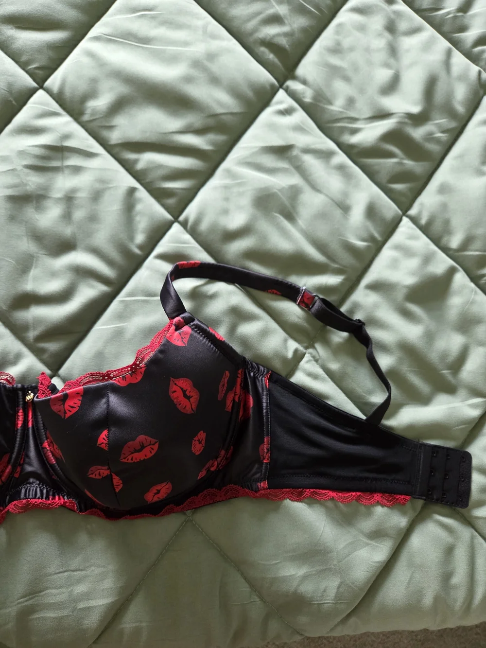 Adore Me Black Bra with Red Lip Print